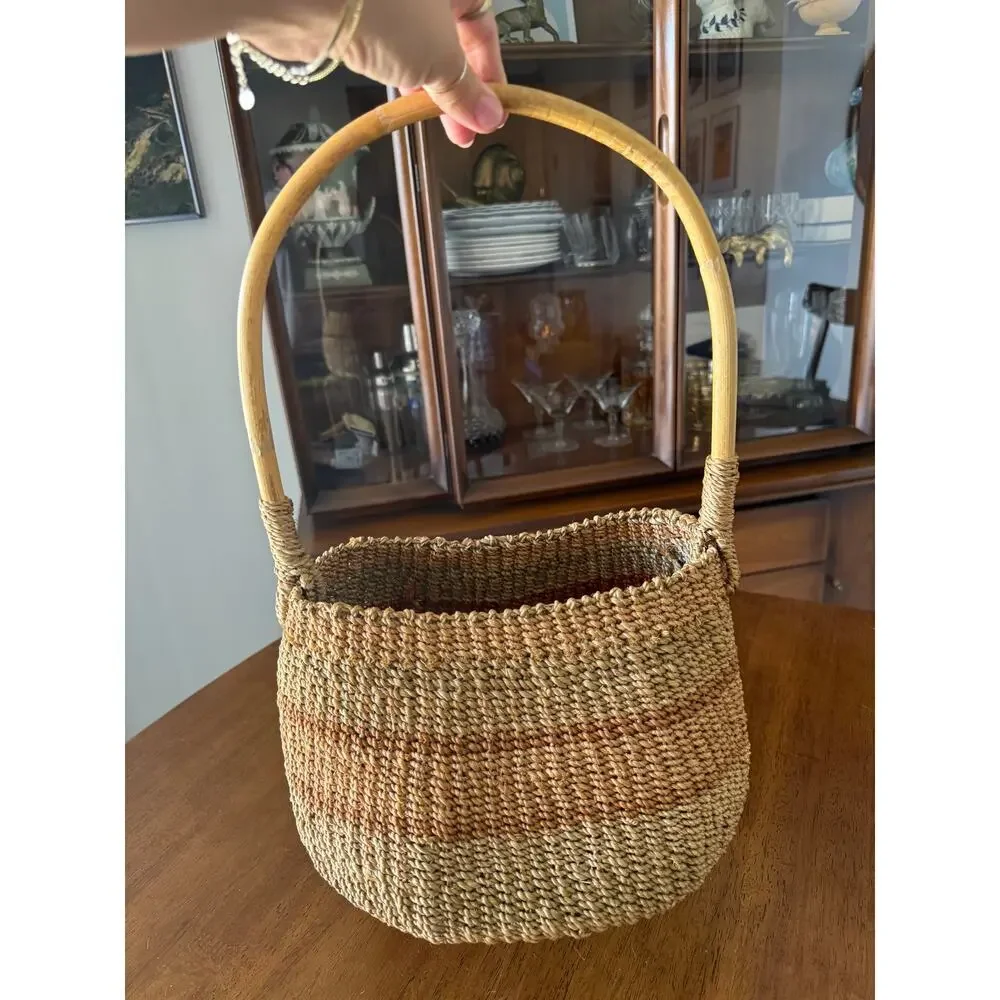 Vintage Woven Straw Basket with Large Handle | Boho Farmhouse Market Tote